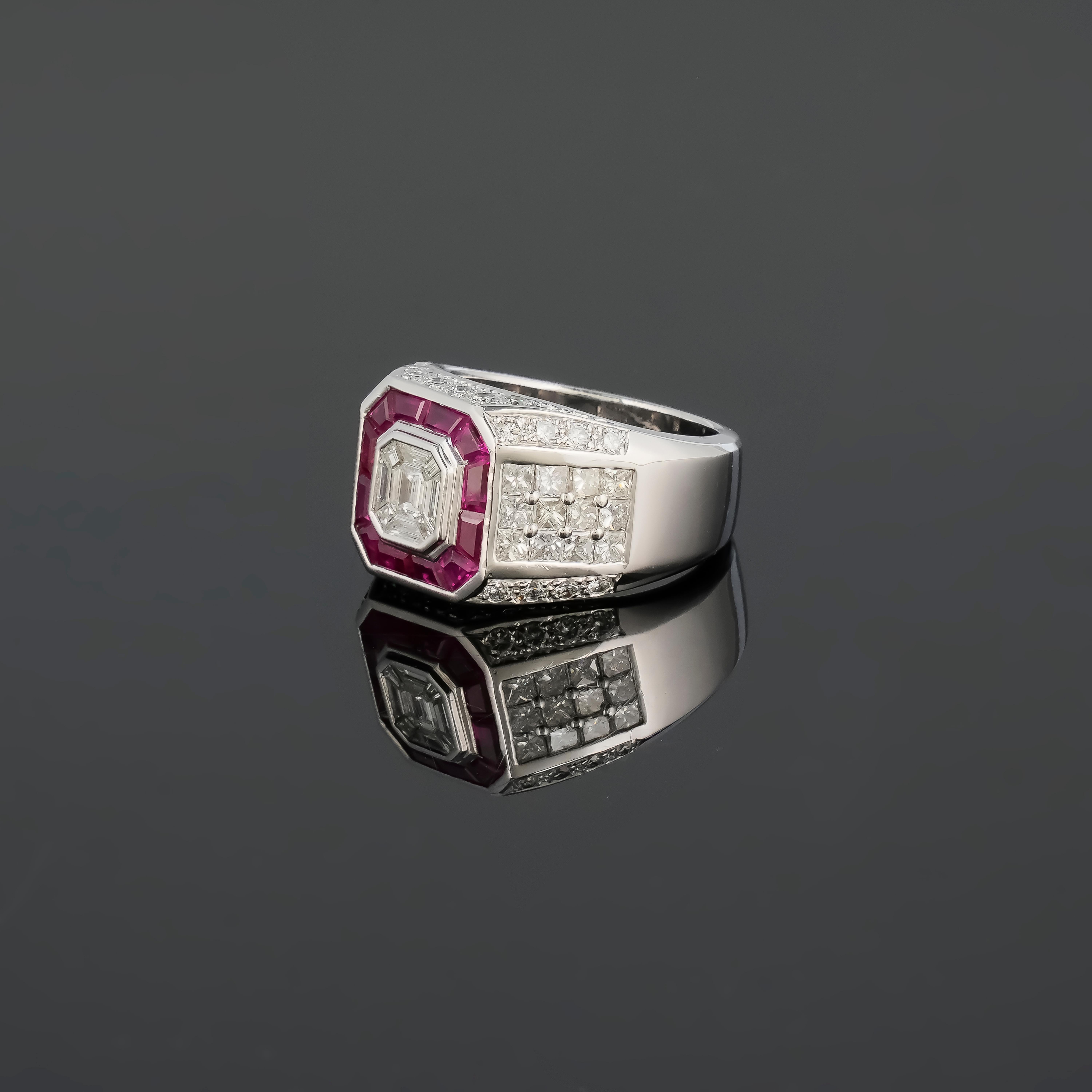 Art Deco 5.2 Carat Diamond and Ruby Mens Cocktail Ring For Sale
