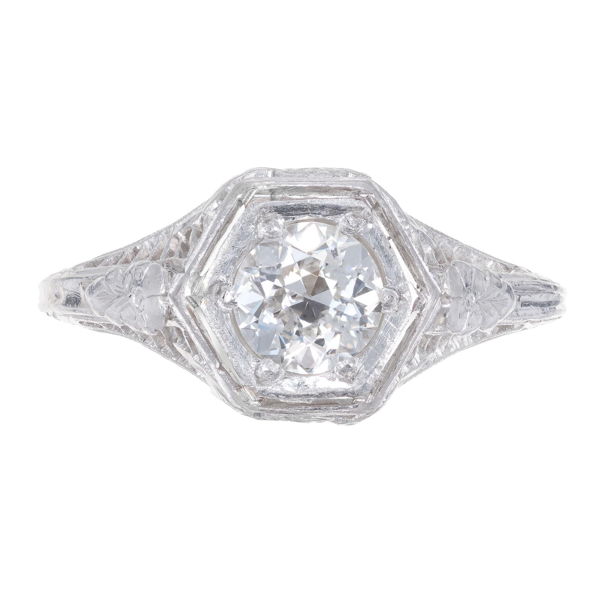 Vintage 1940's Art Deco filigree Diamond engagement ring with a transitional cut EGL certified center stone, in a platinum setting. 

1 transitional round Diamond, approx. total weight .52cts, F – G, SI1, EGL certificate # US313766803D
Size 5 and