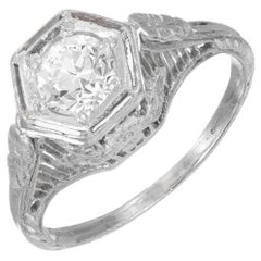 Bague de fiançailles Art déco en platine filigrane avec diamants de 0,52 carat