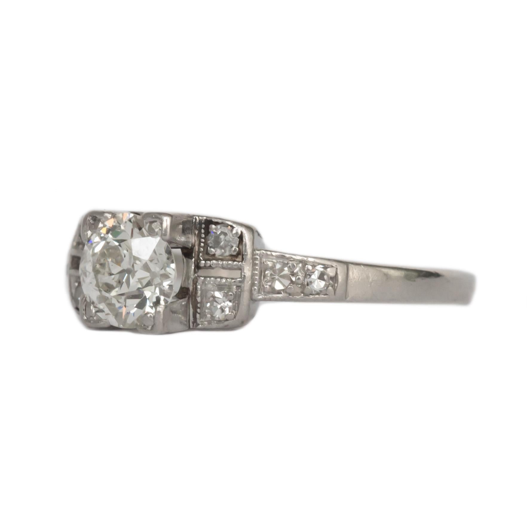Ring Size: 4.35
Metal Type: Platinum
Weight: 2.6 grams

Center Diamond Details
Shape: Old European Brilliant 
Carat Weight: .52carat
Color: I
Clarity: SI2

Side Stone Details: 
Shape: Antique Single Cut 
Total Carat Weight: .10 carat, total