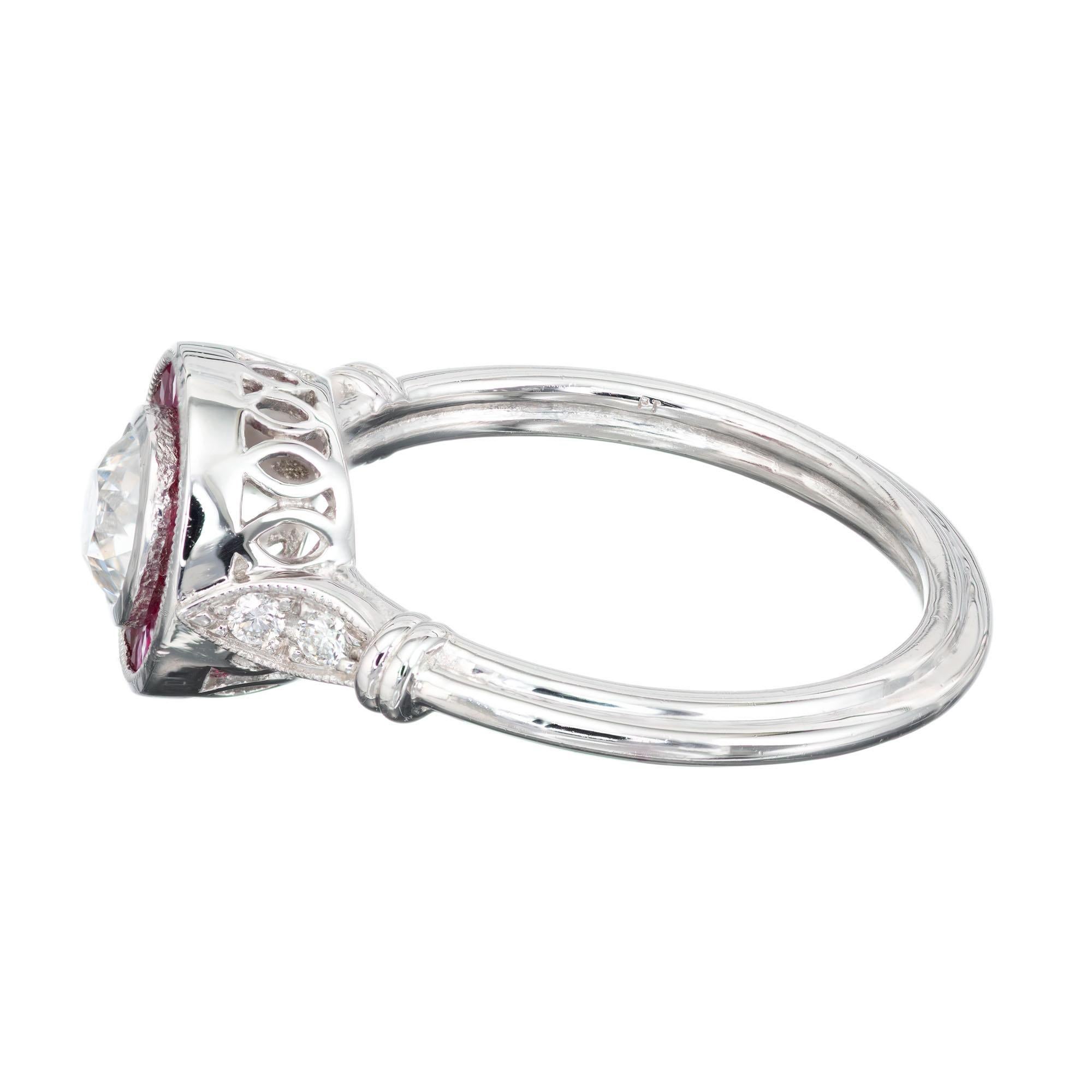 Taille vieille Europe Bague de fiançailles Peter Suchy en platine avec halo de diamants de 0,52 carat et rubis en vente