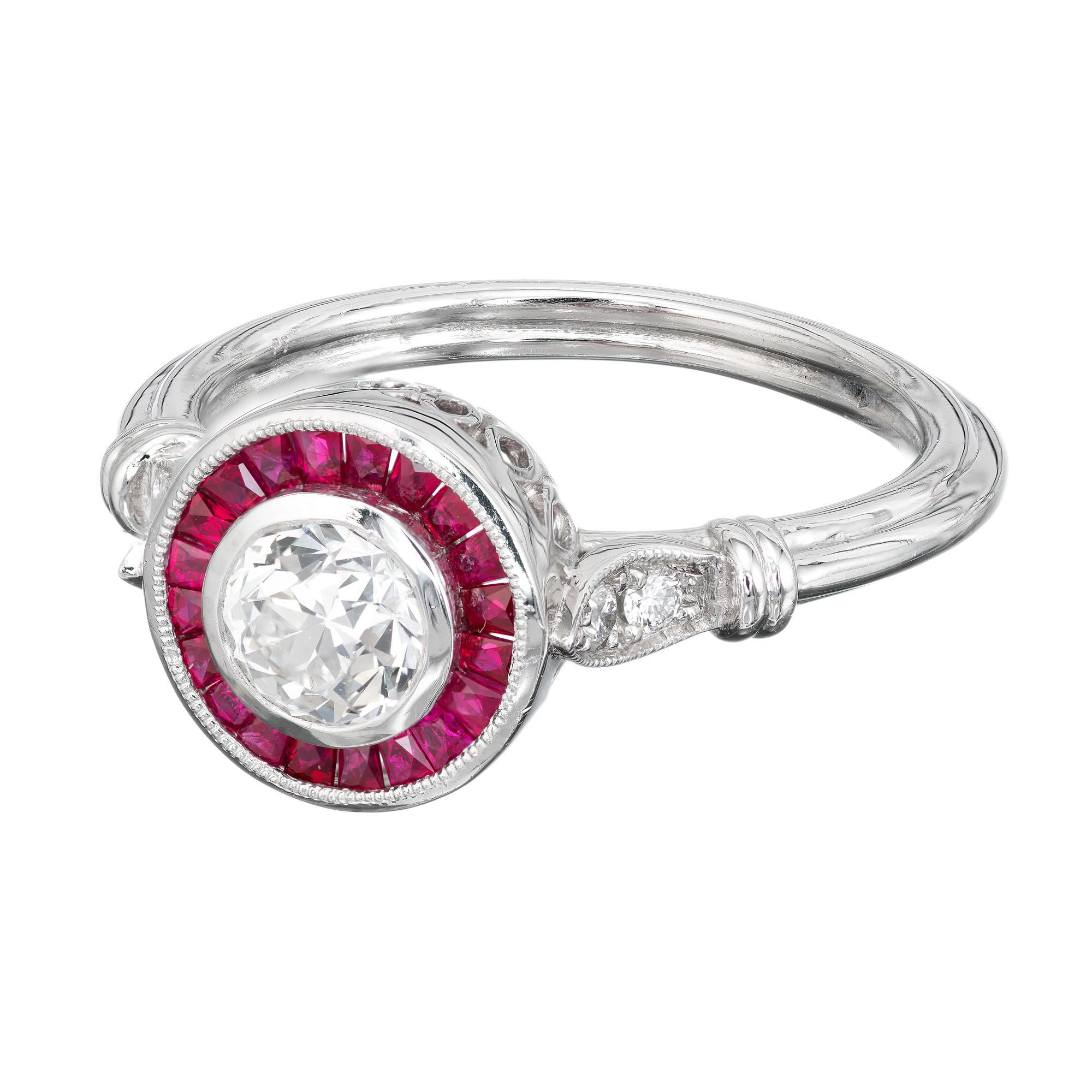 Bague de fiançailles Peter Suchy en platine avec halo de diamants de 0,52 carat et rubis en vente 2