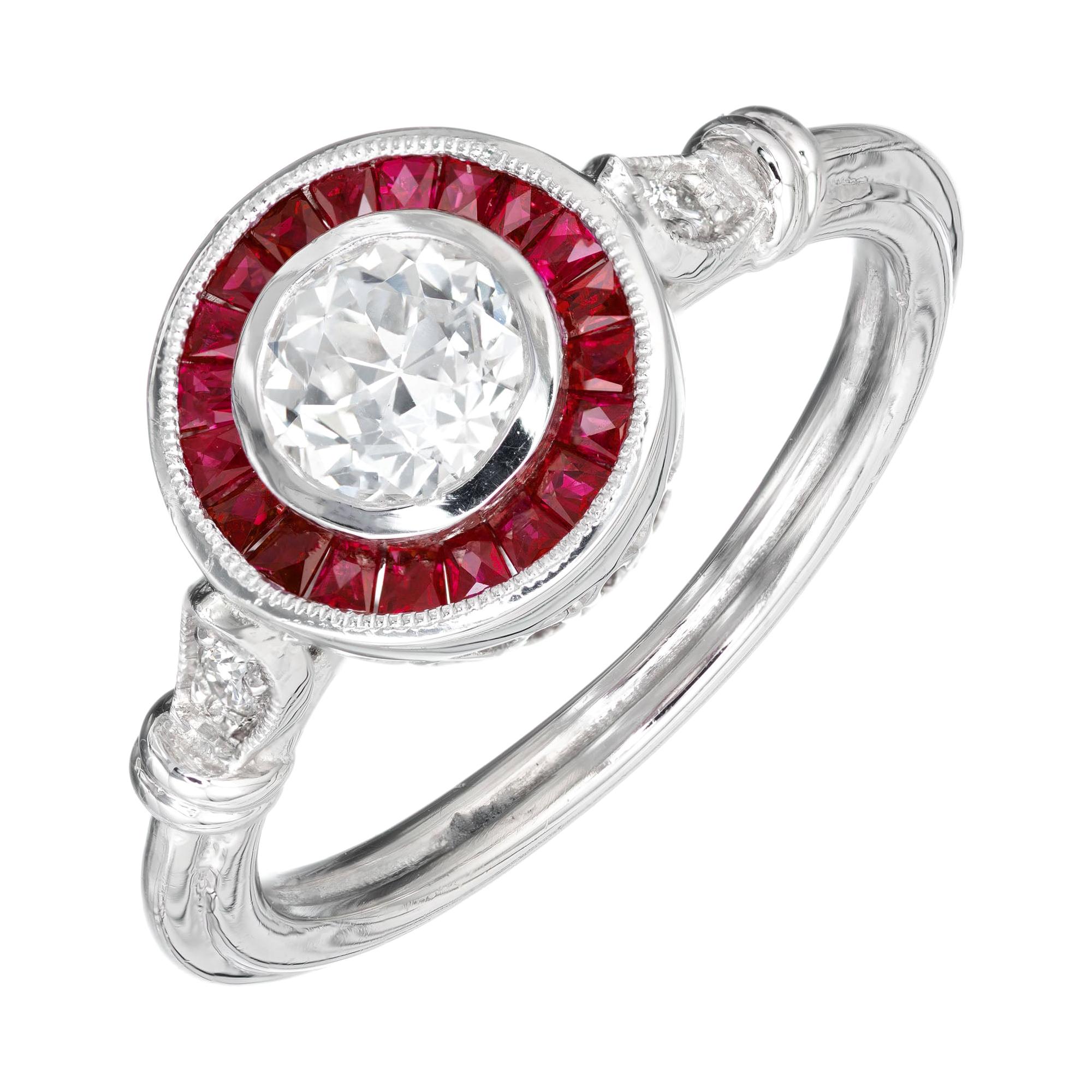 Bague de fiançailles Peter Suchy en platine avec halo de diamants de 0,52 carat et rubis