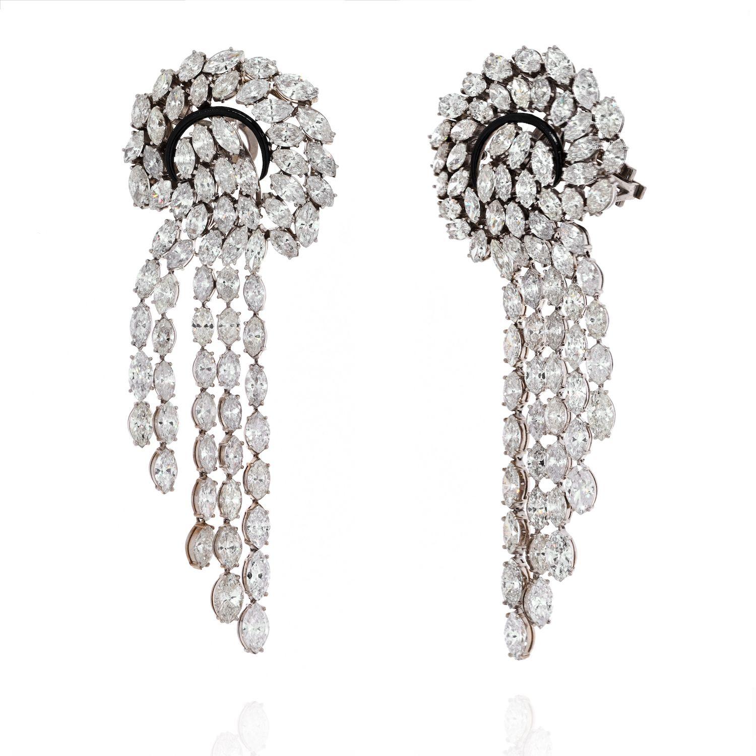 Boucles d'oreilles cascade en forme de cascade avec diamants élaborés de 52 carats et taille marquise Excellent état - En vente à New York, NY