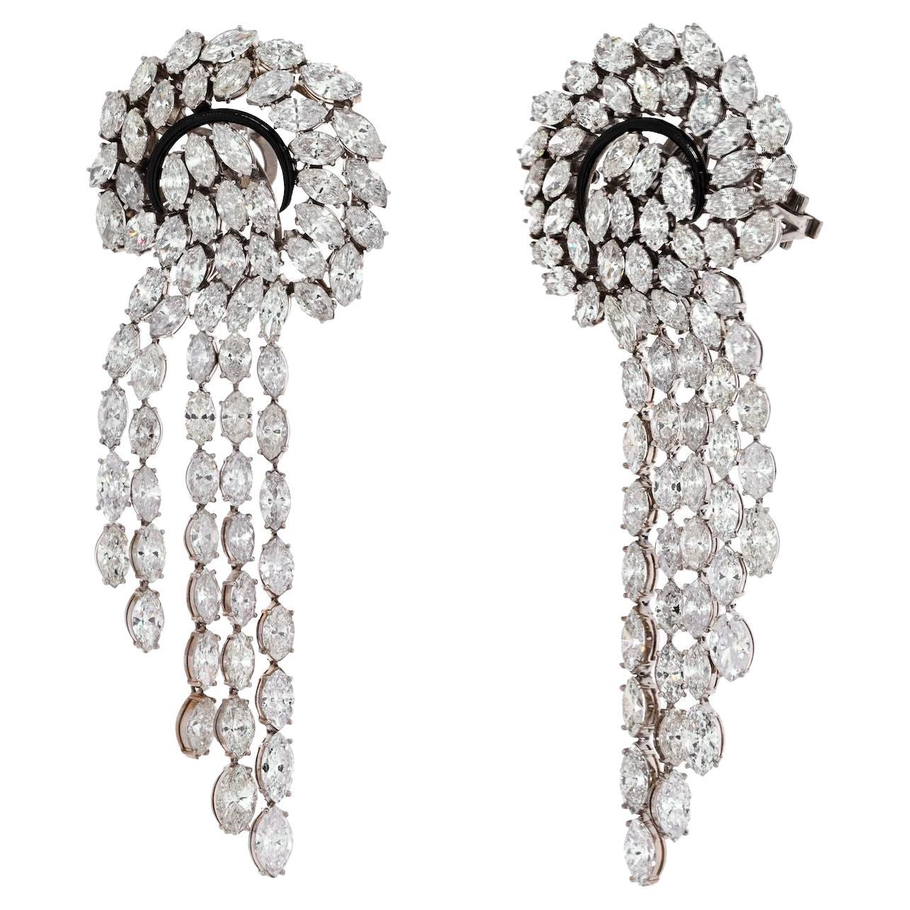 Boucles d'oreilles cascade en forme de cascade avec diamants élaborés de 52 carats et taille marquise en vente