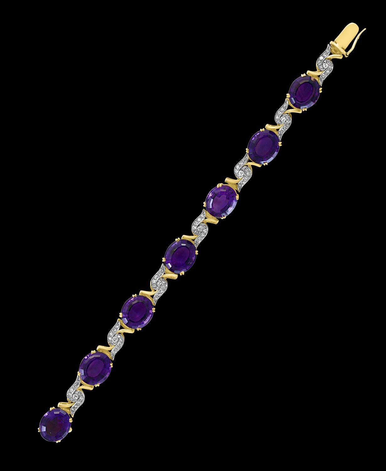 52 Carat  Oval shape Amethyst  And Diamond Bracelet In 18 Karat Yellow Gold 7.5 Inch
A spectacular jewelry piece.  This exceptional bracelet has 7  Oval shape Amethyst  stone . Weight of the Amethyst   is approximately 52 carats.The bracelet is
