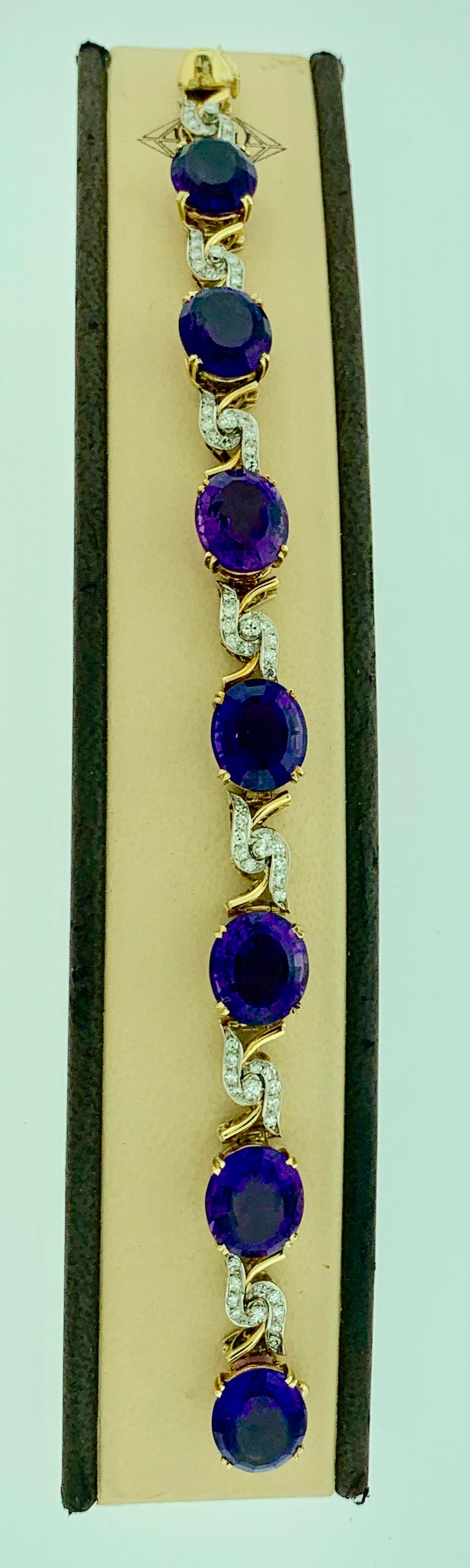 52 Carat Oval Amethyst and Diamond Bracelet in 18 Karat Yellow Gold In Excellent Condition In New York, NY