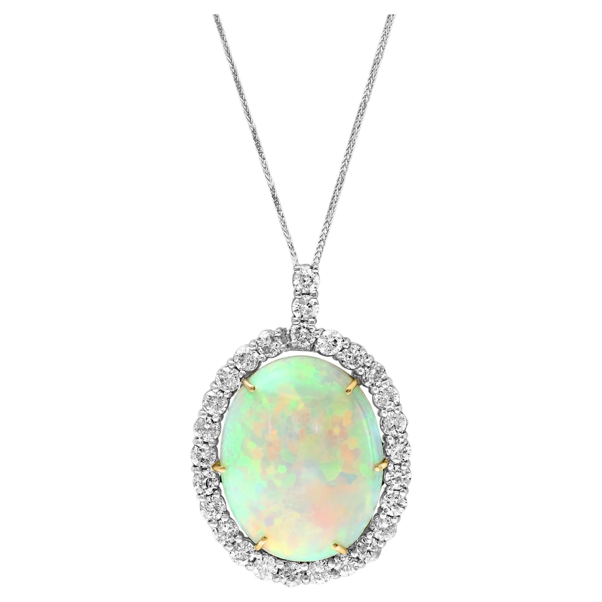 52 Karat Ovaler äthiopischer Opal & Diamant-Anhänger 14 Karat Weißgold Halskette im Angebot 9