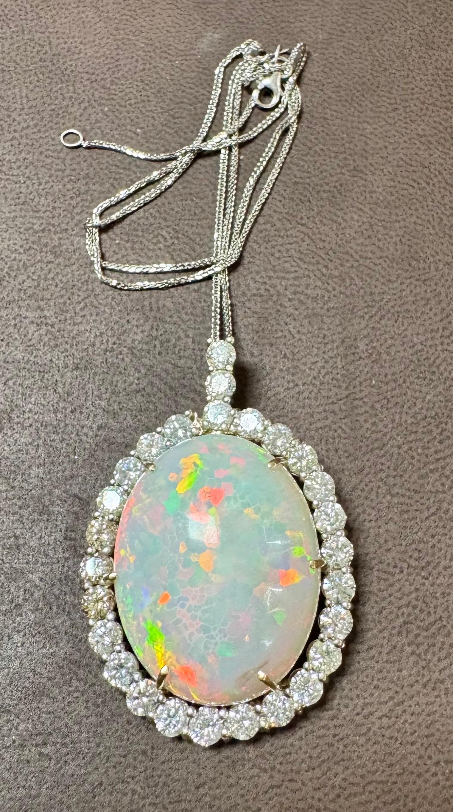 52 Karat Ovaler äthiopischer Opal & Diamant-Anhänger 14 Karat Weißgold Halskette im Angebot 2