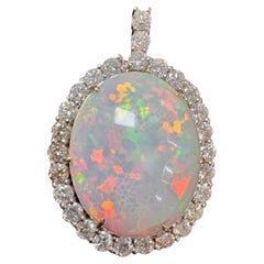52 Carat Oval Ethiopian Opal & Diamond Pendant 14 Karat White Gold Necklace