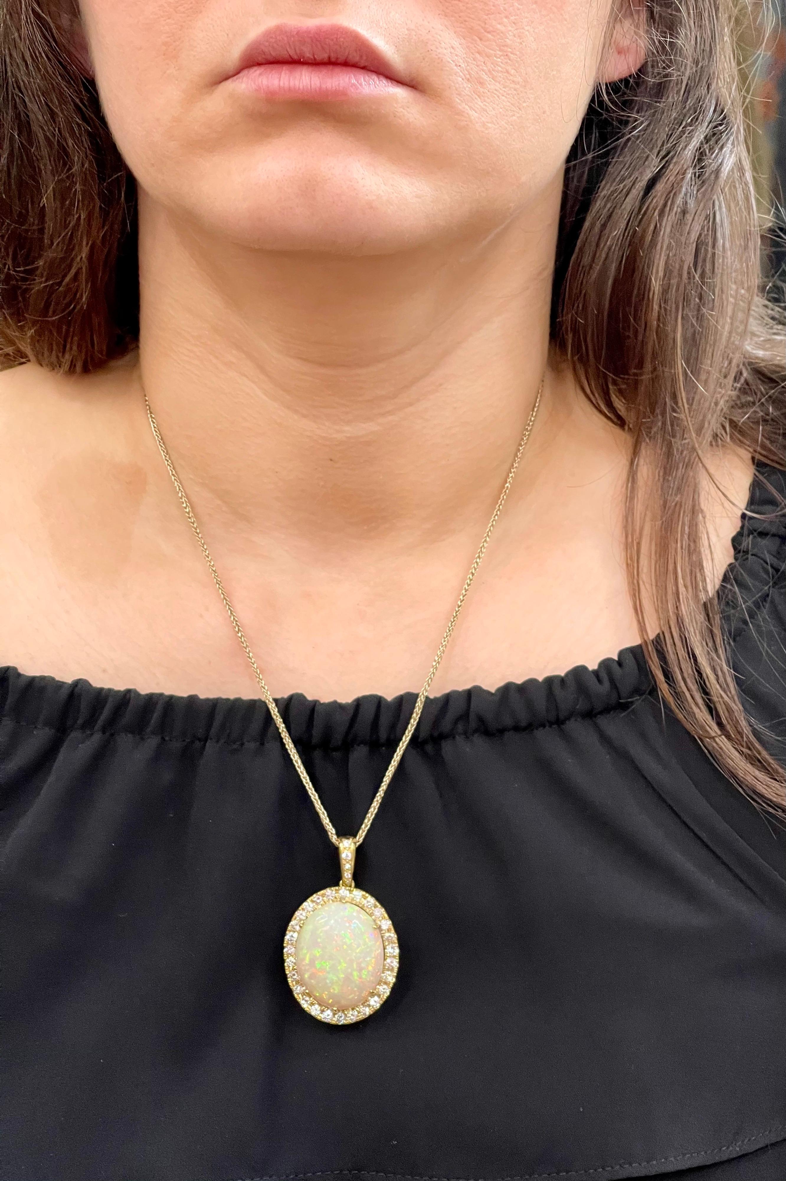 Women's 52 Carat Oval Ethiopian Opal and Diamond Pendant / Necklace 18 Karat Gold Estate