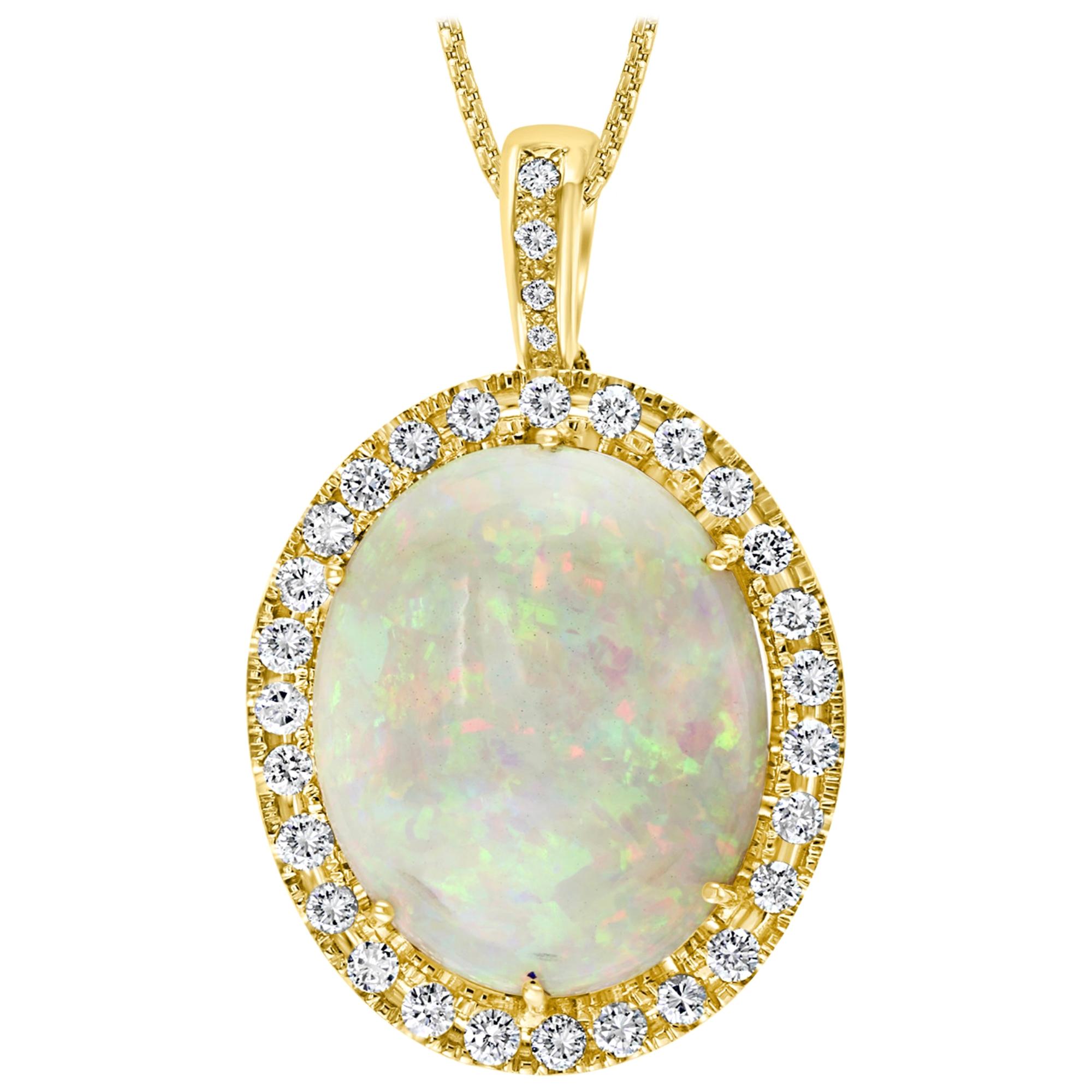 52 Carat Oval Ethiopian Opal and Diamond Pendant / Necklace 18 Karat Gold Estate