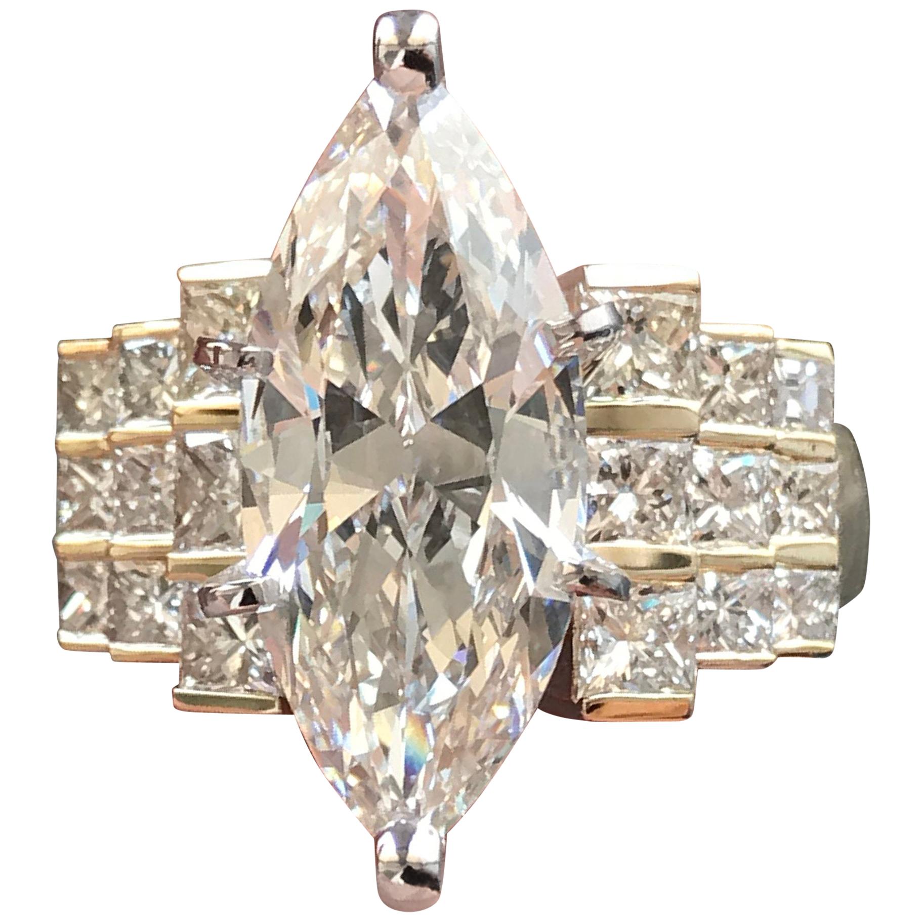 5.2 Carat TW Marquise Diamond Engagement Ring 14 Karat Y For Sale