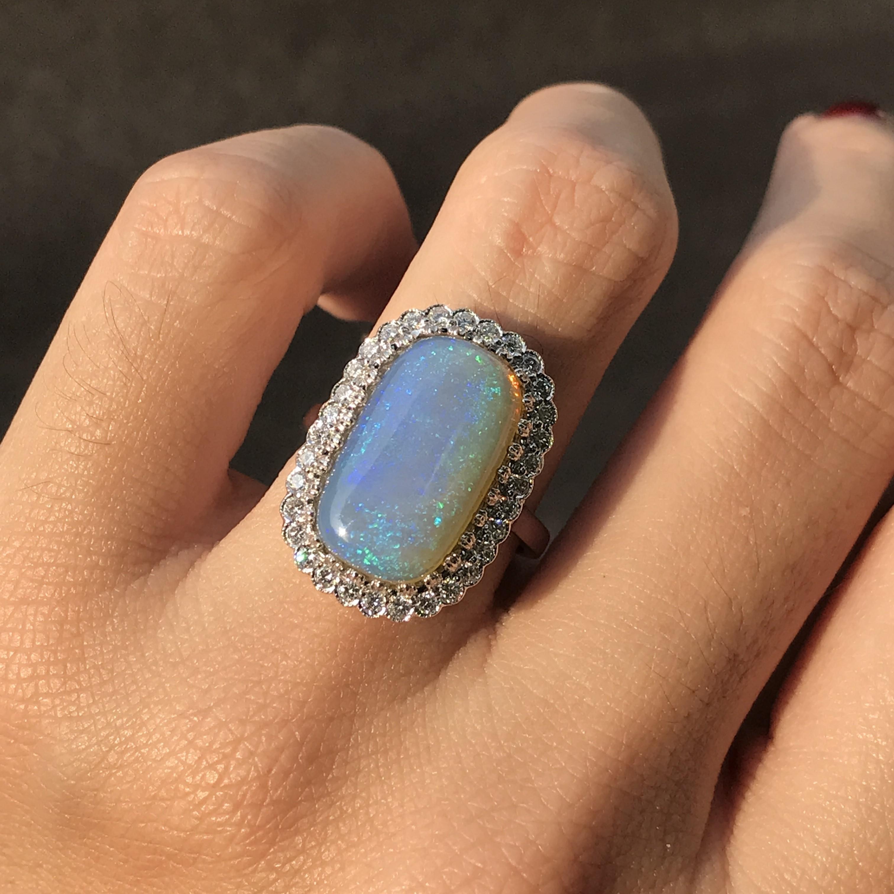 Cushion Cut 5.2 Ct. Crystal Australian Opal and Diamond Halo Ring in 18K White Gold
