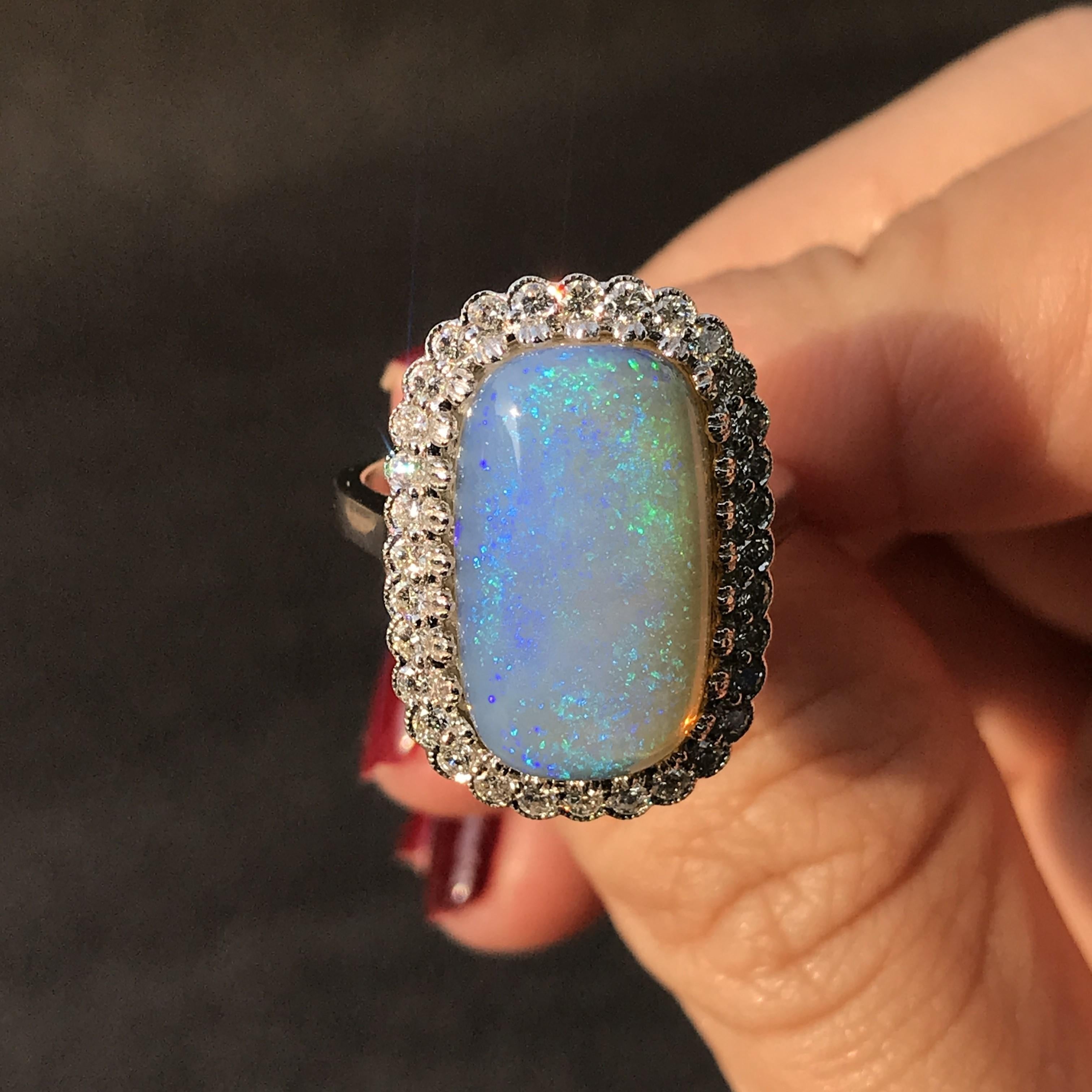 5.2 Ct. Crystal Australian Opal and Diamond Halo Ring in 18K White Gold In New Condition In Bangkok, TH