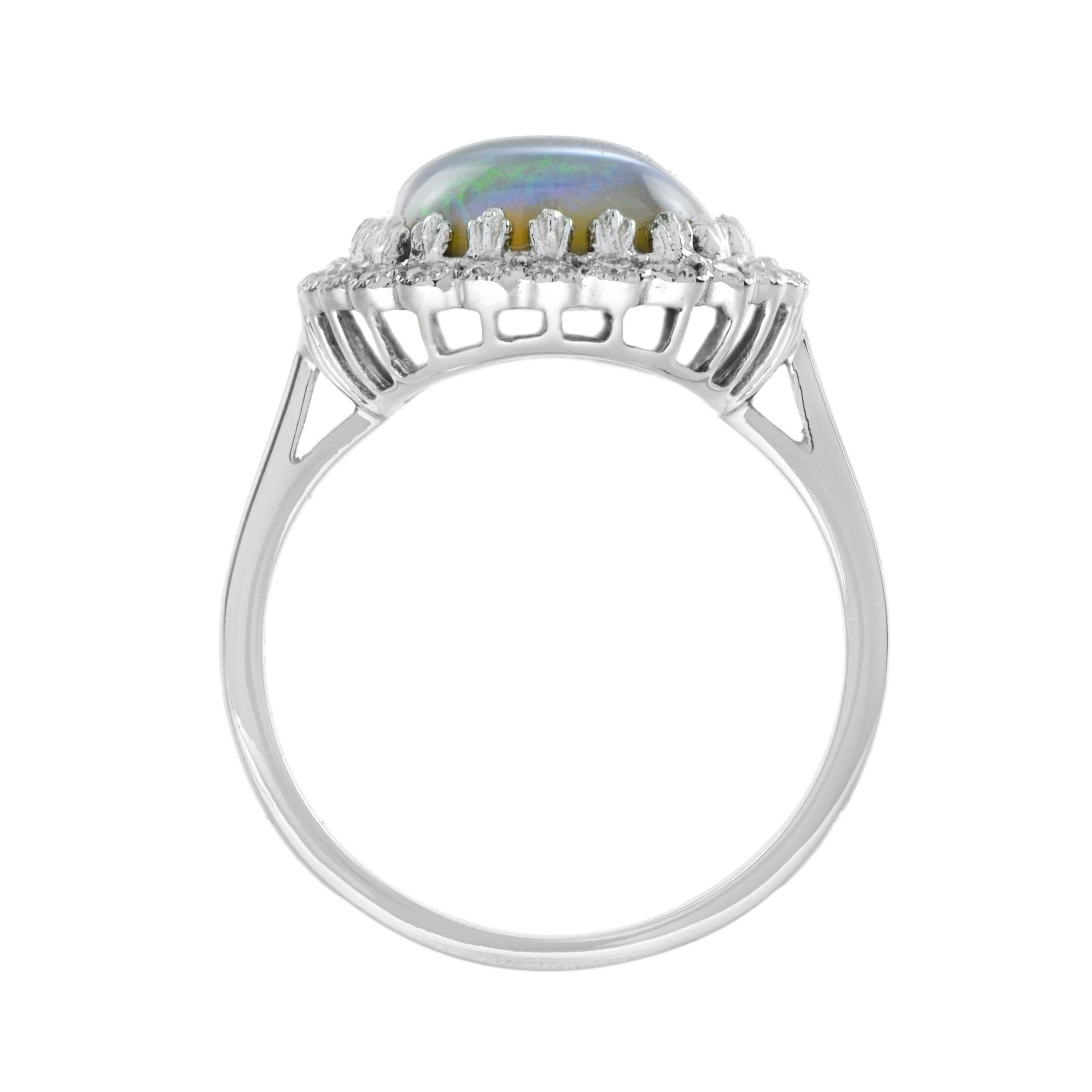 Women's 5.2 Ct. Crystal Australian Opal and Diamond Halo Ring in 18K White Gold For Sale
