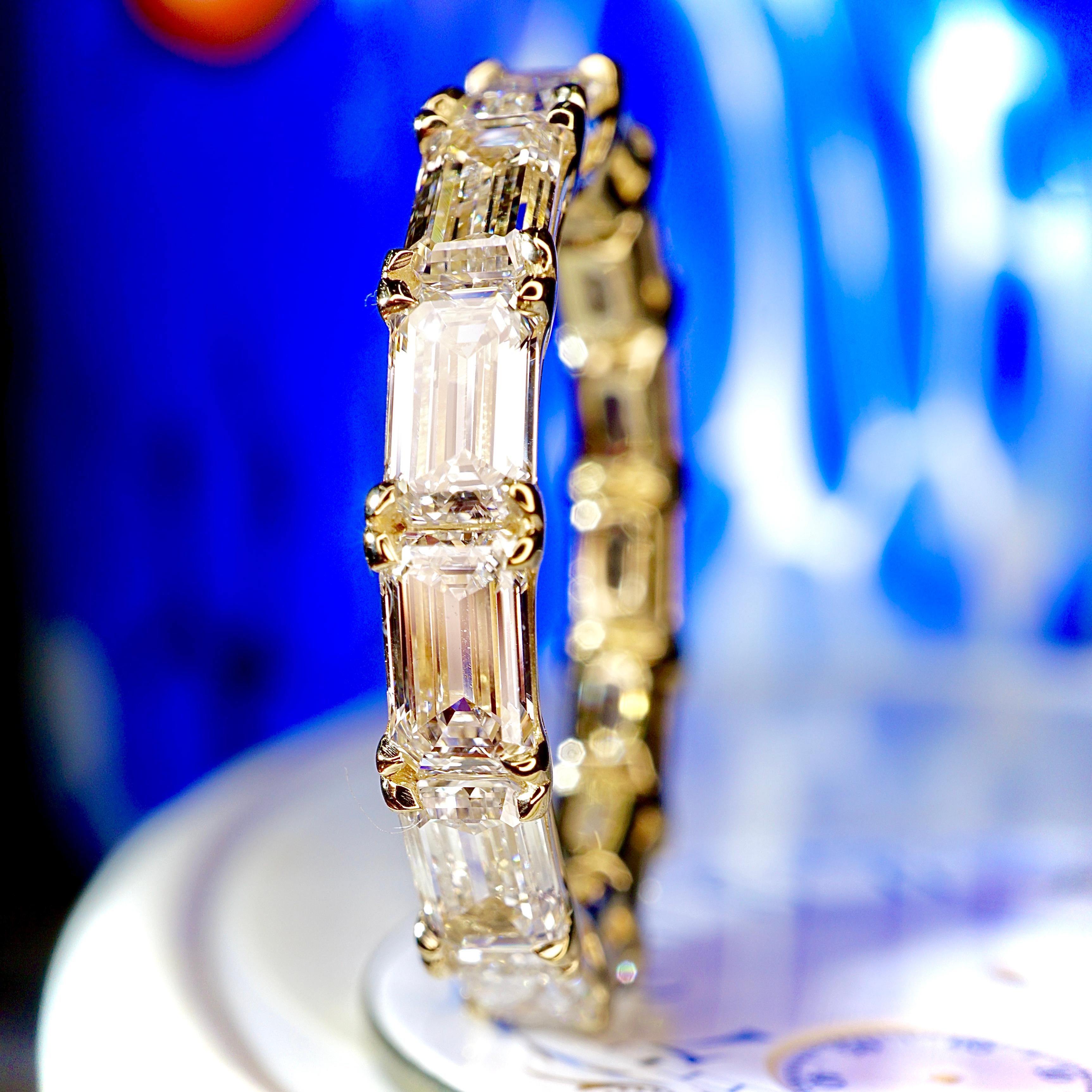 For Sale:  GIA Certified 5.20Ct Emerald Cut 18K Yellow East-West Eternity Wedding Band 2