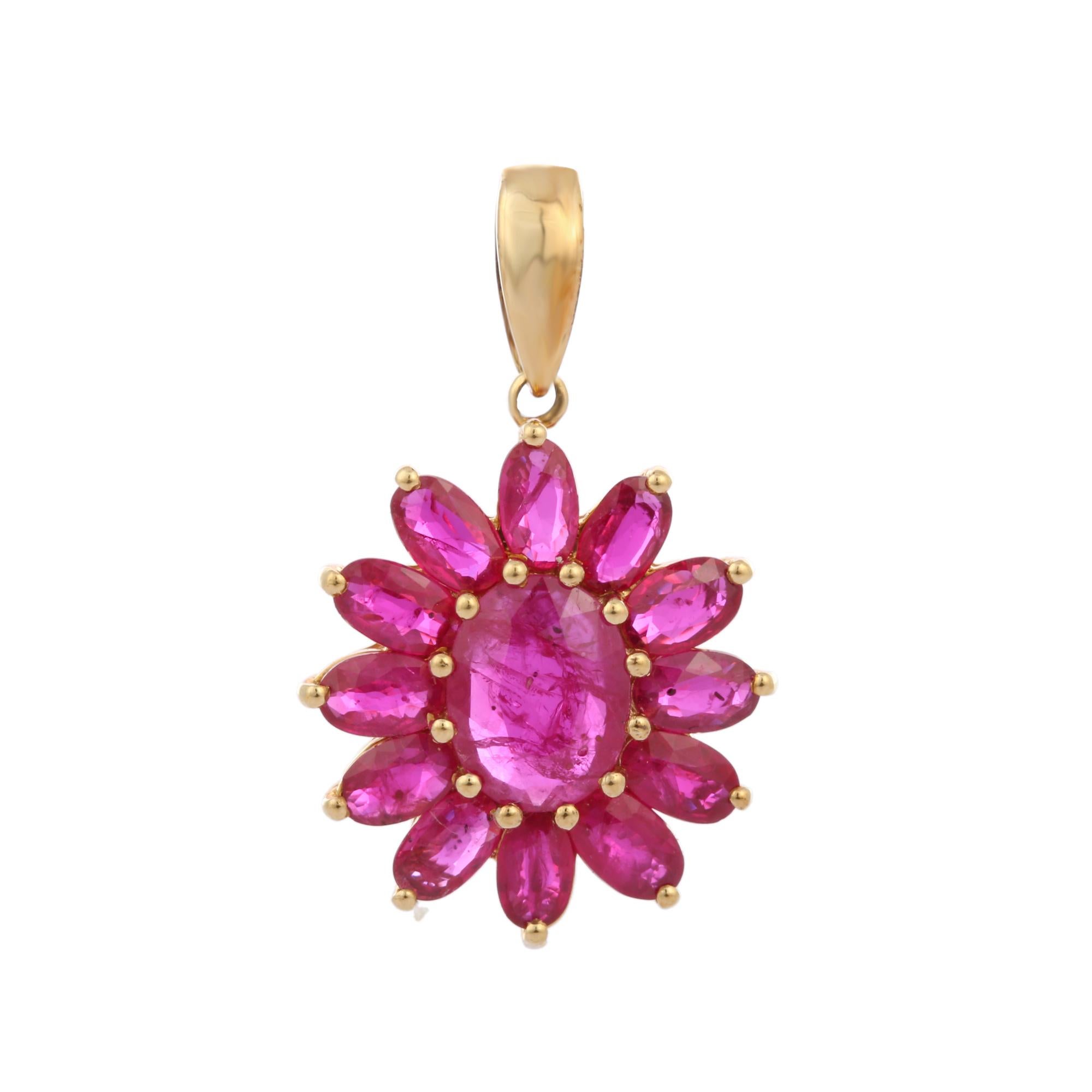 Natural Ruby Gemstone Cluster Flower Pendant in 14K Gold. It has a oval cut ruby that completes your look with a decent touch. Pendants are used to wear or gifted to represent love and promises. It's an attractive jewelry piece that goes with every