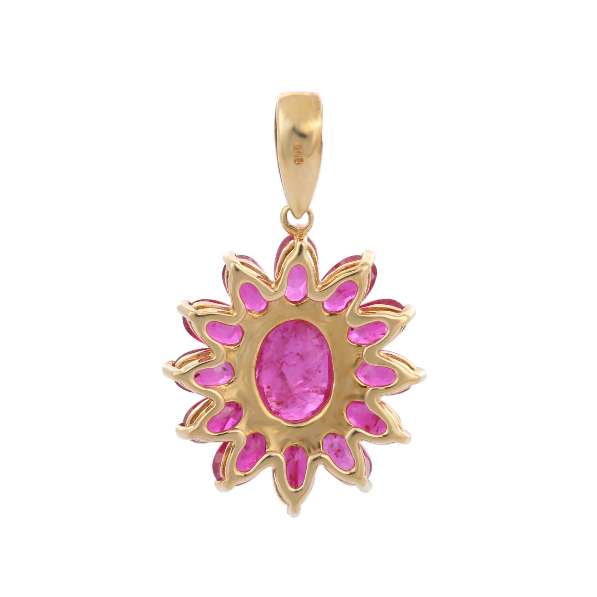 Oval Cut Classic 5.2ct Ruby Cluster Flower Pendant in 14K Yellow Gold For Her For Sale