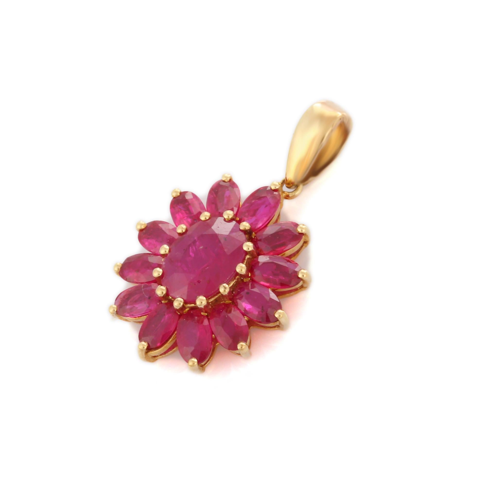 Classic 5.2ct Ruby Cluster Flower Pendant in 14K Yellow Gold For Her In New Condition For Sale In Houston, TX