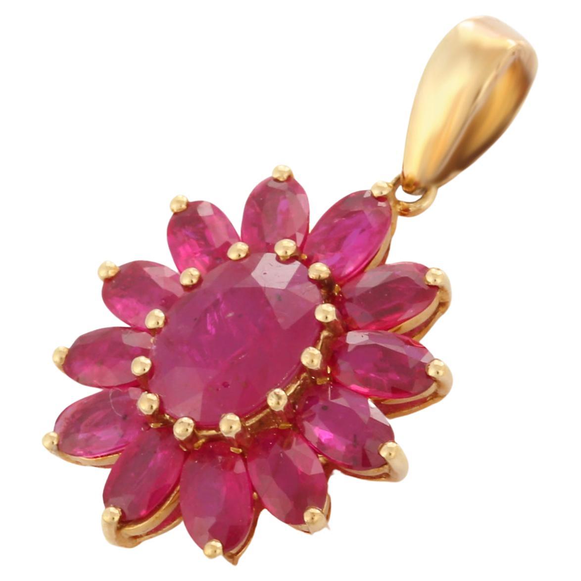 Classic 5.2ct Ruby Cluster Flower Pendant in 14K Yellow Gold For Her