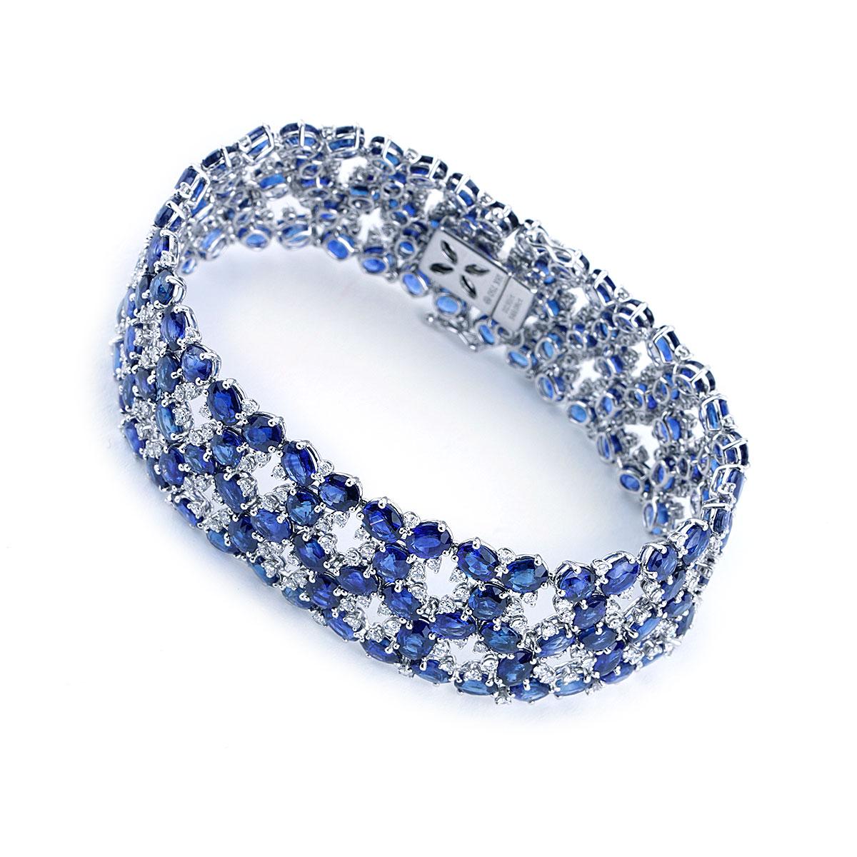 Modern 52 Cttw Multi-Row Blue Sapphire and Diamond Fashion Bracelet in 18K White Gold For Sale