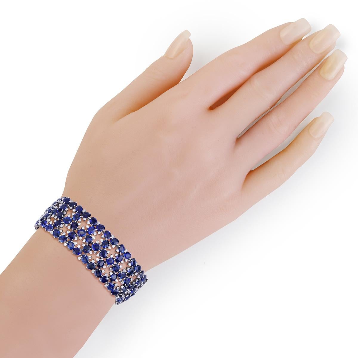 52 Cttw Multi-Row Blue Sapphire and Diamond Fashion Bracelet in 18K White Gold In New Condition For Sale In Chicago, IL