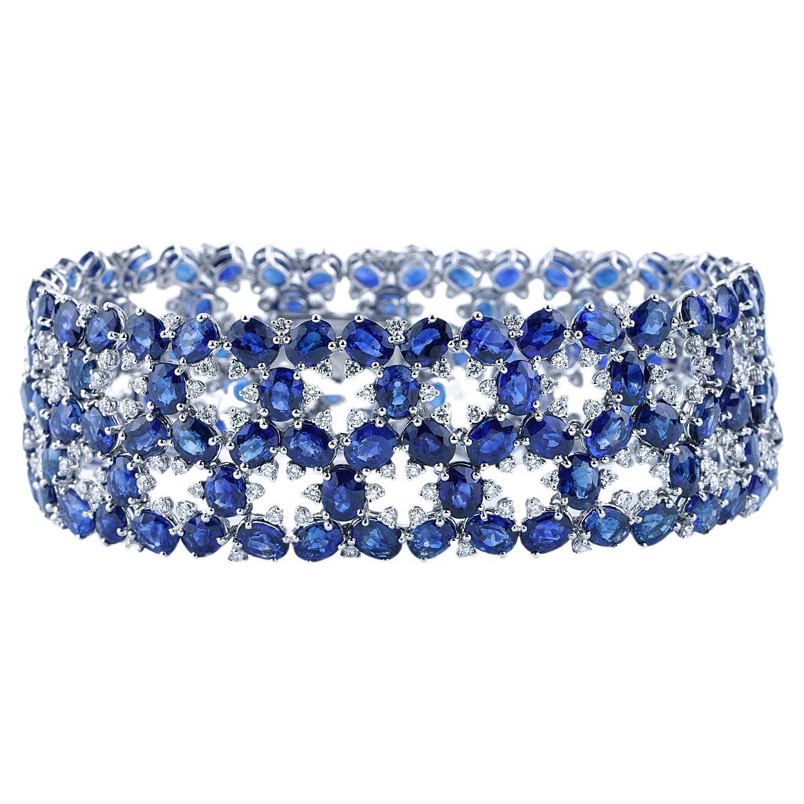 52 Cttw Multi-Row Blue Sapphire and Diamond Fashion Bracelet in 18K White Gold
