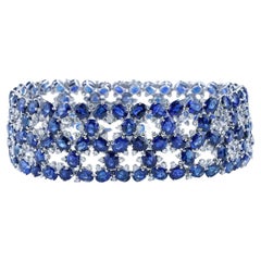 52 Cttw Multi-Row Blue Sapphire and Diamond Fashion Bracelet in 18K White Gold