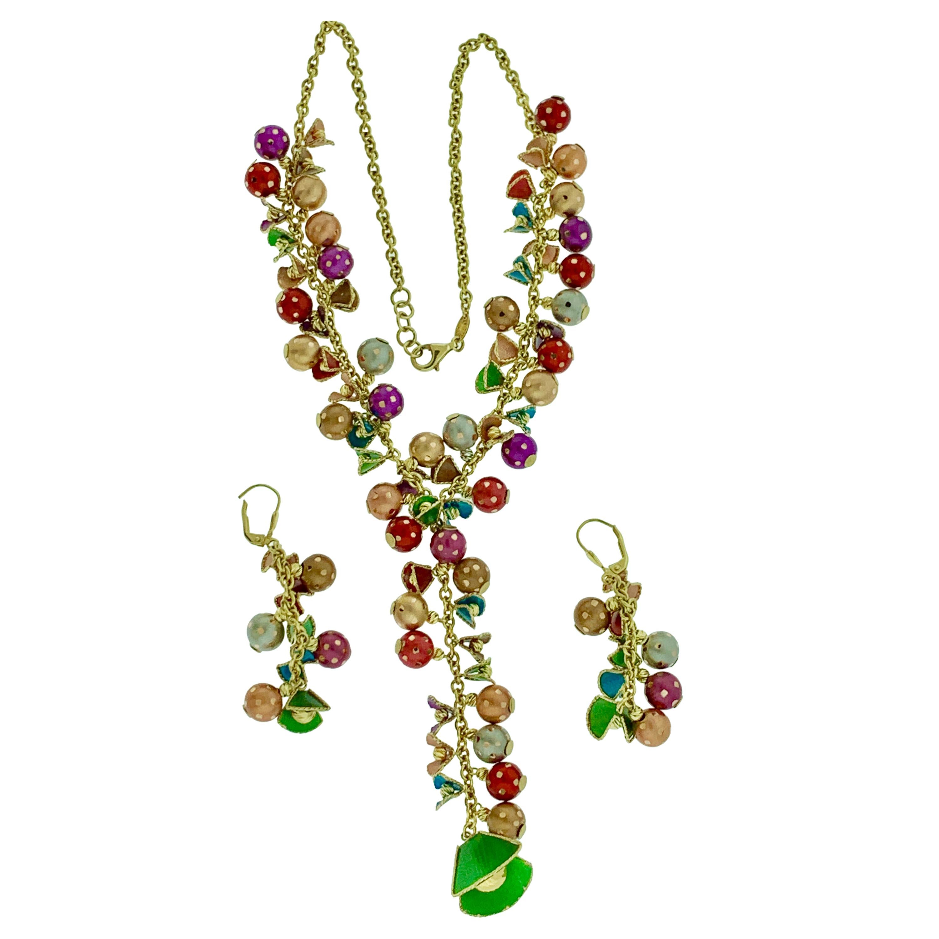 52 Gm 18 Karat Multi-Color Enamel Gold  Necklace and Earring Suite Bridal Set For Sale