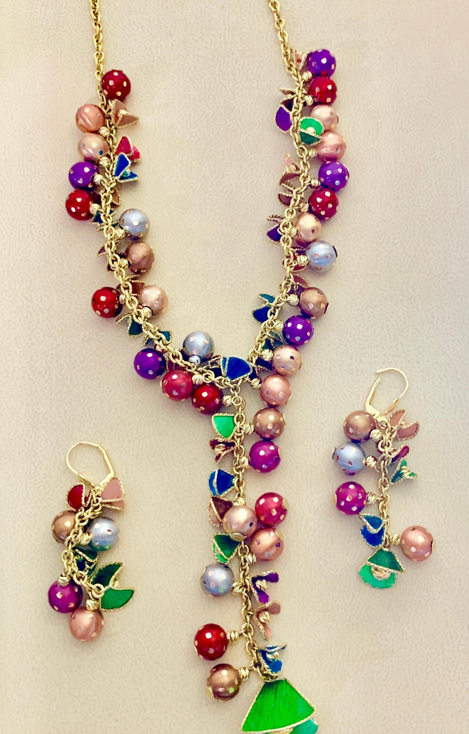 52 Gm 18 Karat Multi-Color Enamel Gold  Necklace and Earring Suite Bridal Set For Sale 4