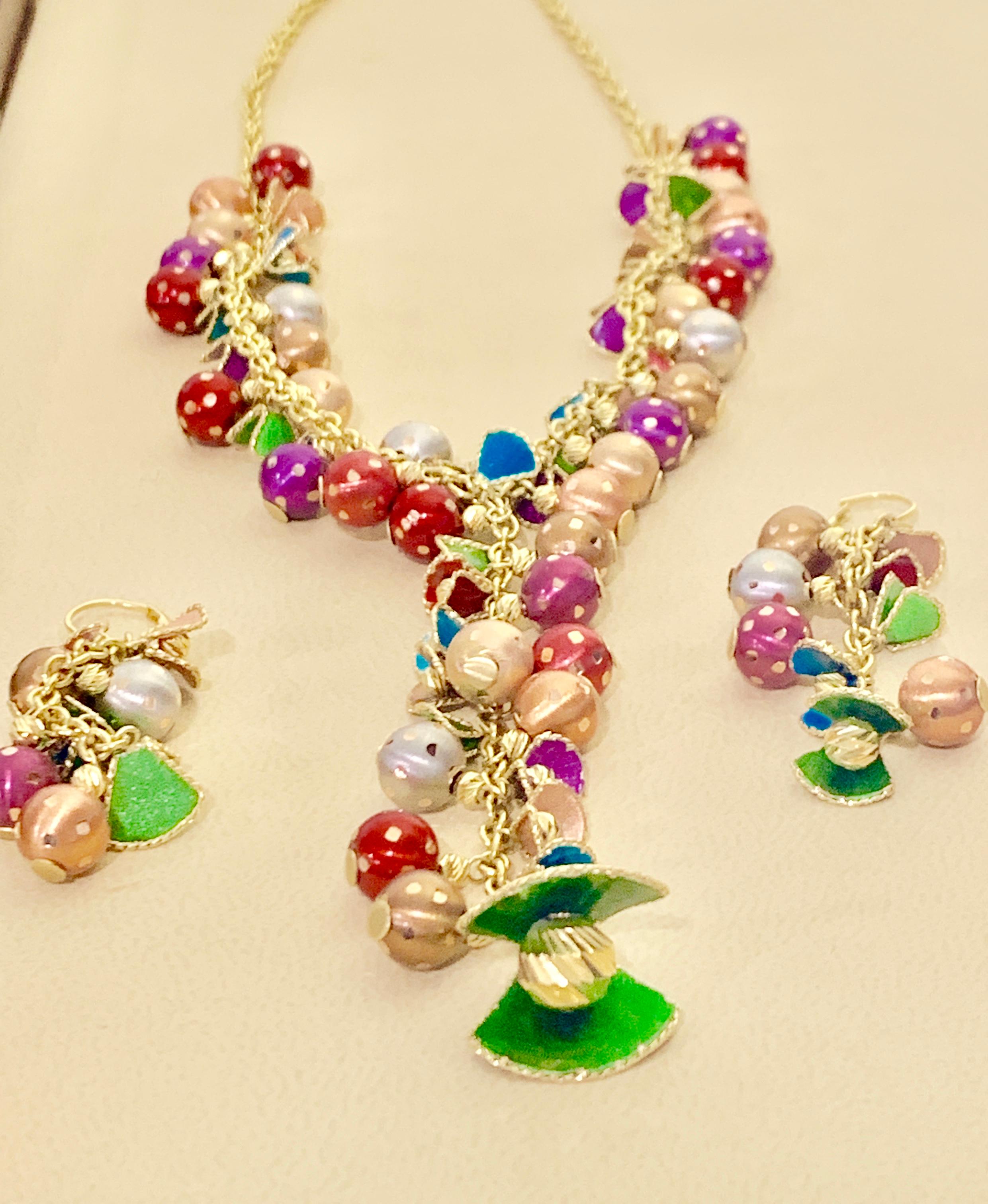52 Gm 18 Karat Multi-Color Enamel Gold  Necklace and Earring Suite Bridal Set For Sale 6