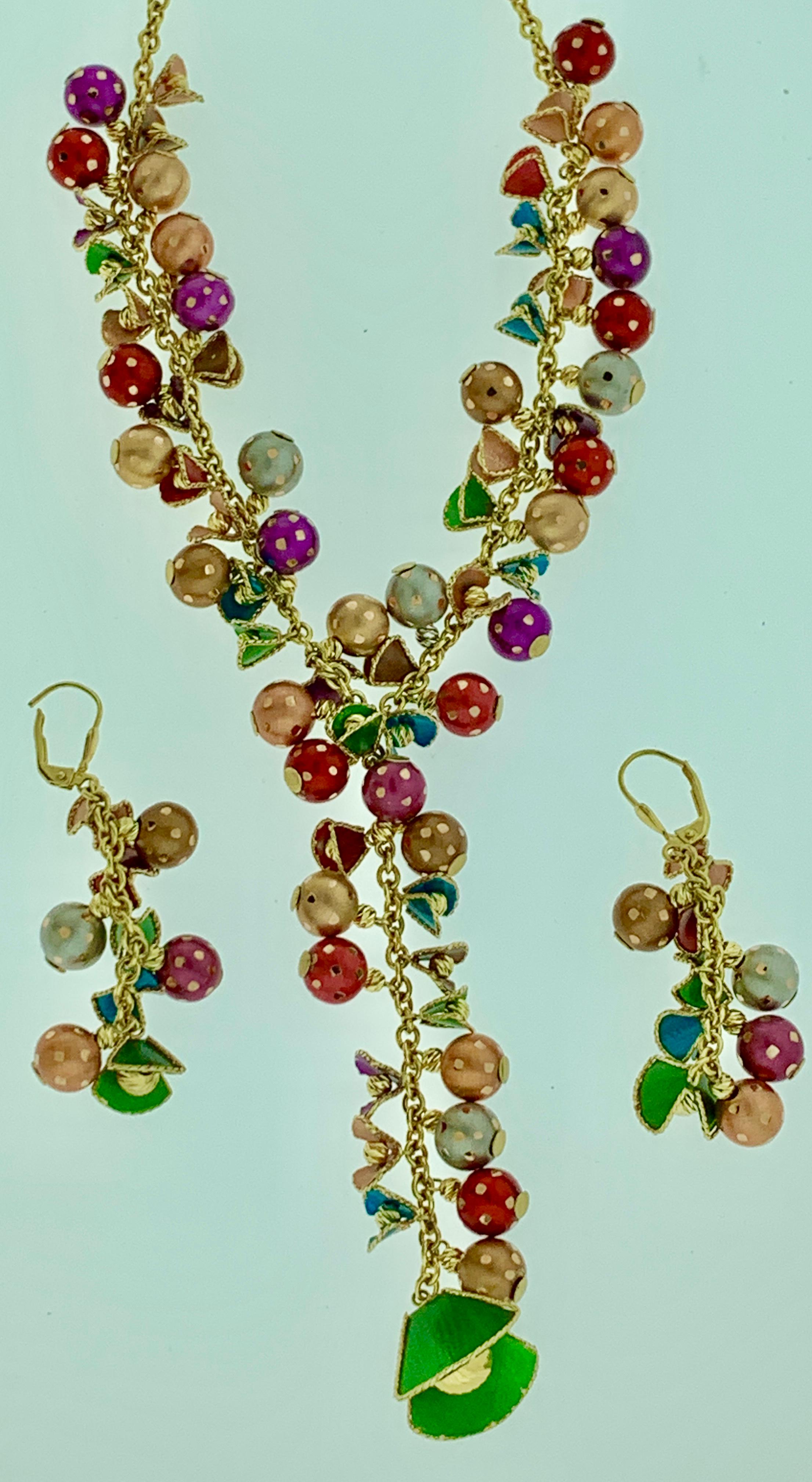 Women's 52 Gm 18 Karat Multi-Color Enamel Gold  Necklace and Earring Suite Bridal Set For Sale