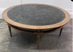52" Round Cocktail Table Tooled Leather Top in the Style of Robsjohn-Gibbings