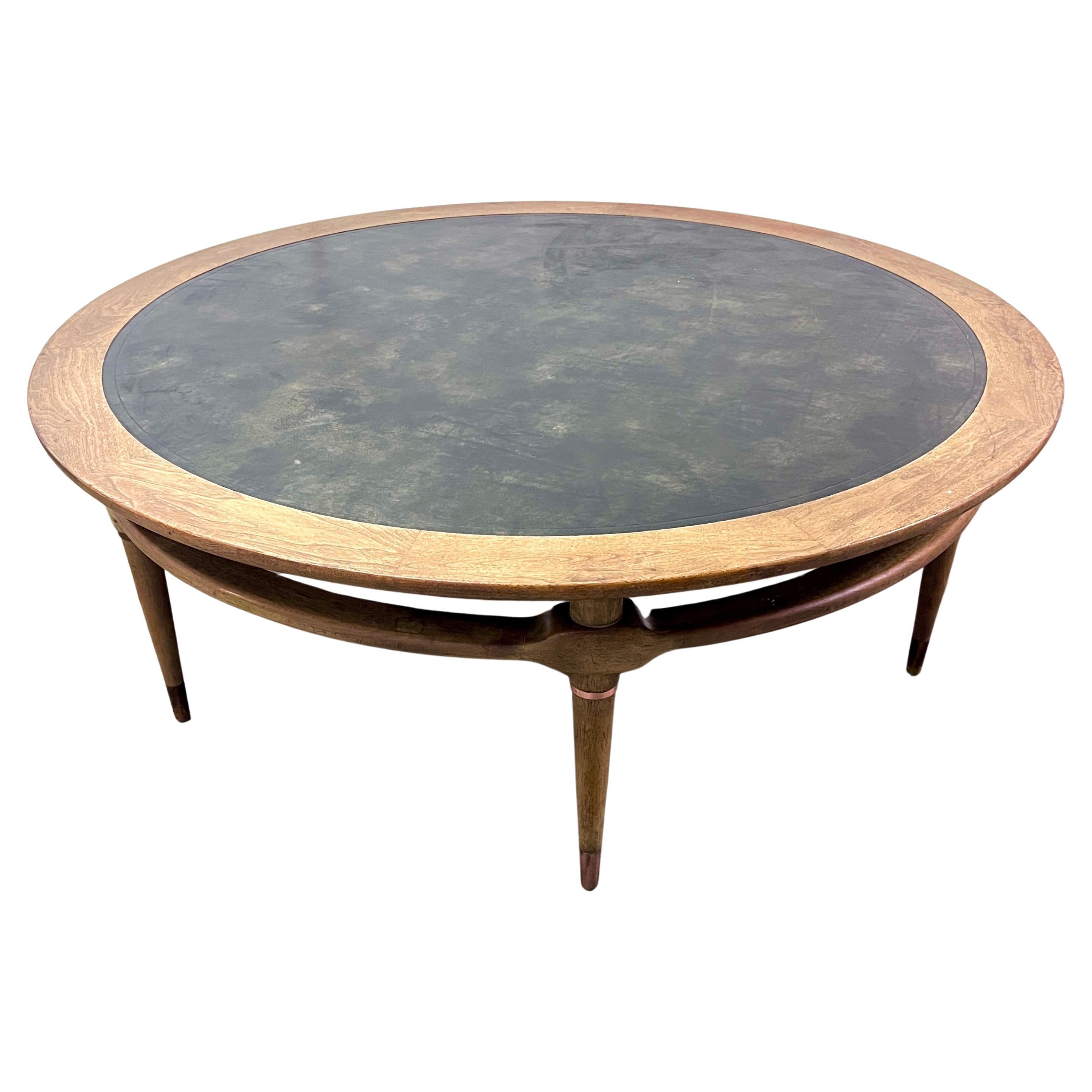 52" Round Cocktail Table Tooled Leather Top in the Style of Robsjohn-Gibbings For Sale