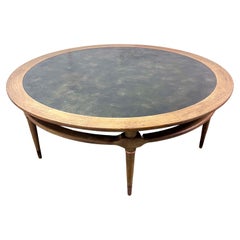 52" Round Cocktail Table Tooled Leather Top in the Style of Robsjohn-Gibbings
