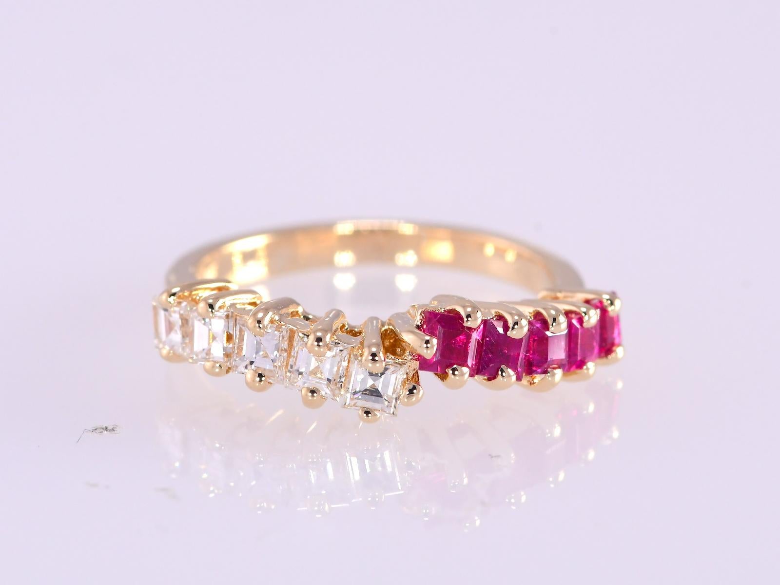 .52 CTW Natural Ruby & .46 CTW Natural Diamond Yellow Gold 14K Cluster Ring 3 grams

Stones: 
Natural Ruby:     Shape: Square
Natural Diamond:    TCW: .46    Color: F-H    Clarity: VVS1 & SI2--I1   
 Shape: Square
Metal: Yellow Gold 
Purity: 14K