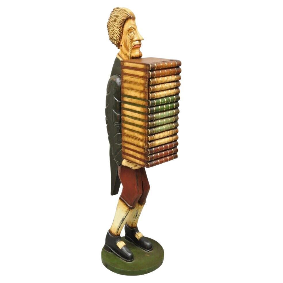 52" Figural Librarian Man Holding Stack of Books Statue Storage Cabinet en vente