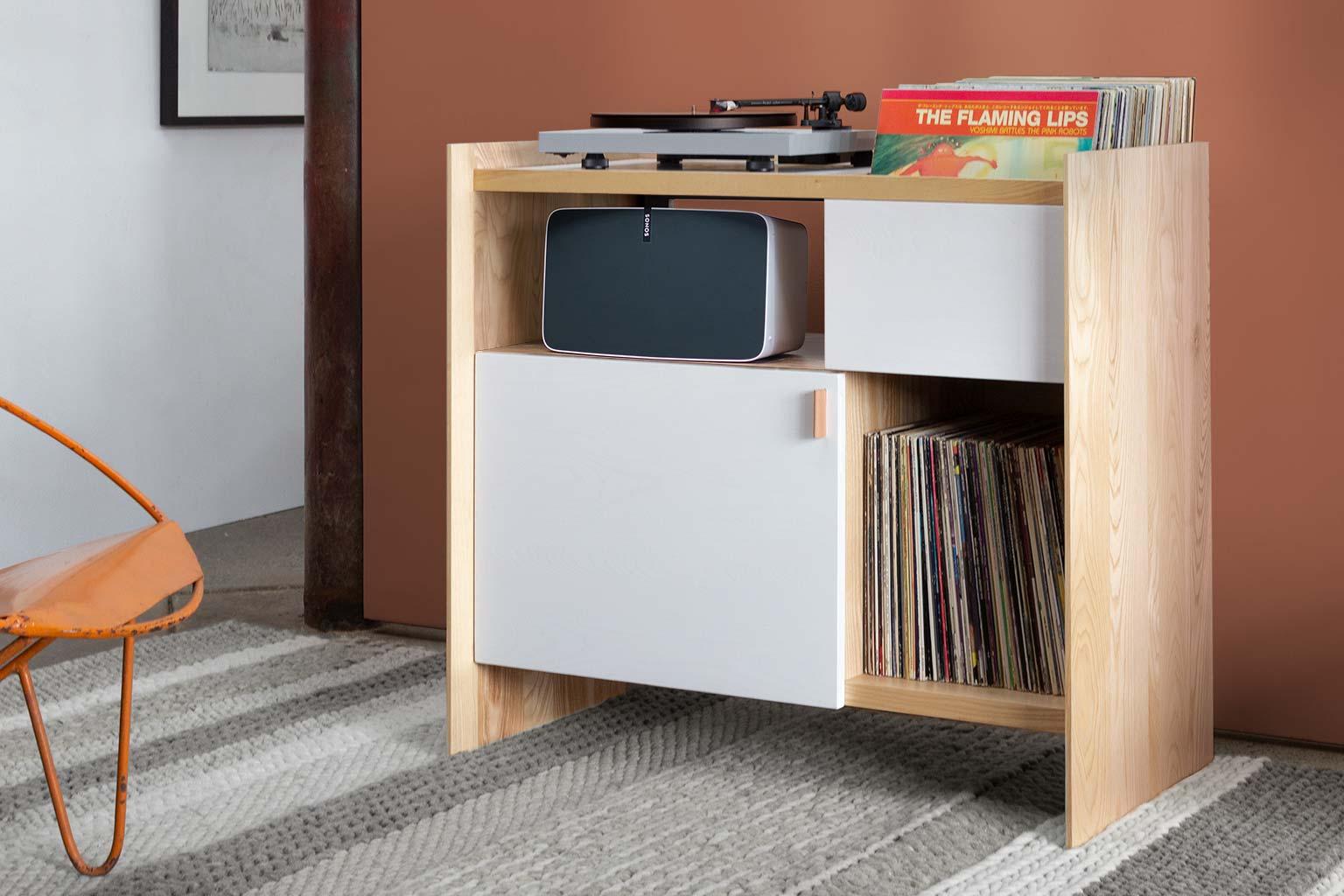 natural wood record player stand