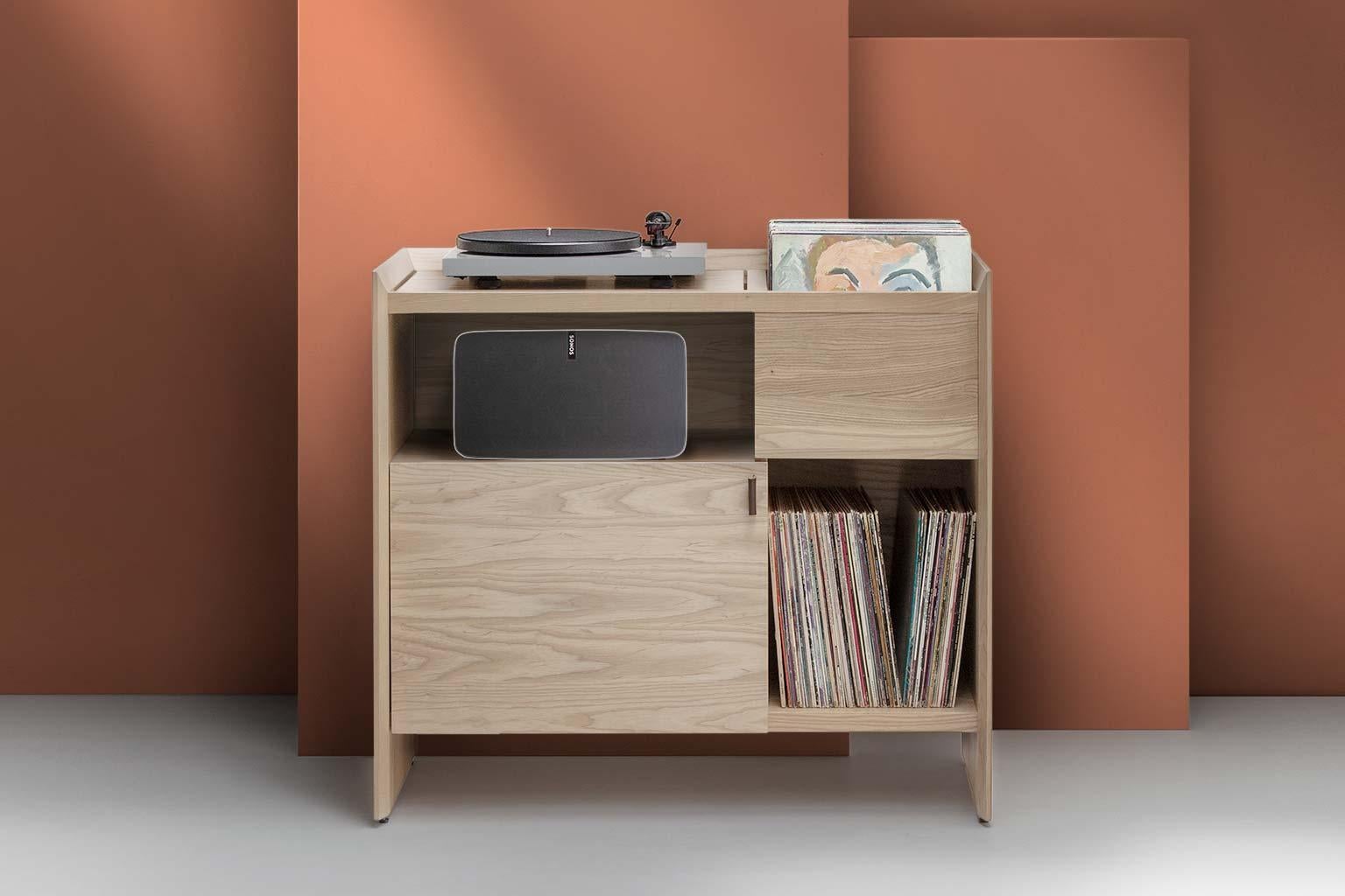 Modern Unison for Sonos Vinyl Record Storage Stand in Natural Walnut For Sale