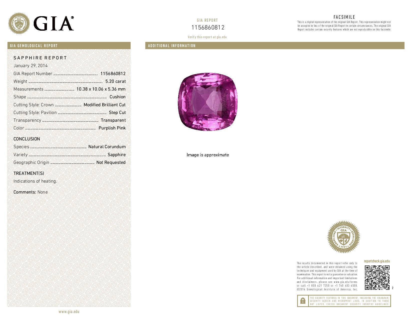 This handsome 18k dome ring features a GIA certified 5.20 carat purplish pink sapphire with magnificent color! Few gems are able to combine the intense color of a perfect peony and the extraordinary brilliance of a sapphire, and pink sapphires of