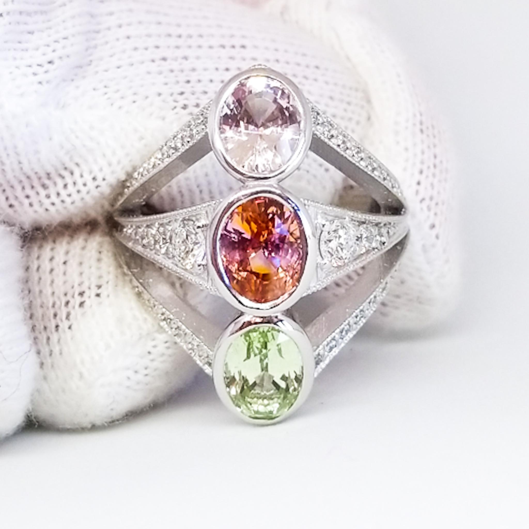 5,20 Karat Bicolor Rosa Pfirsich Fancy Saphir Chrysoberyll Weißer Diamant Ring 18KW im Angebot 5