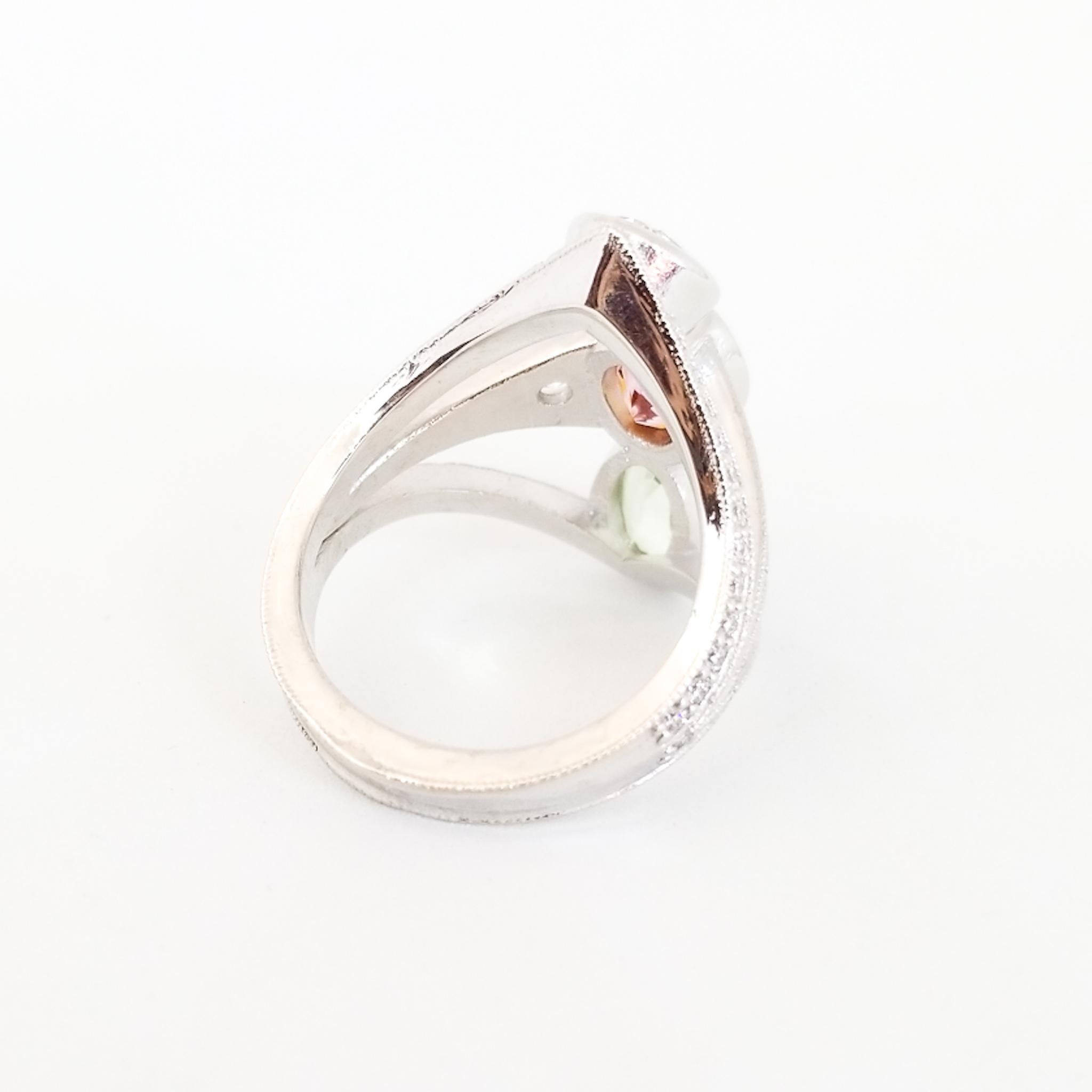 5.20 Carat Bicolor Pink Peach Fancy Sapphire Chrysoberyl White Diamond Ring 18KW For Sale 4