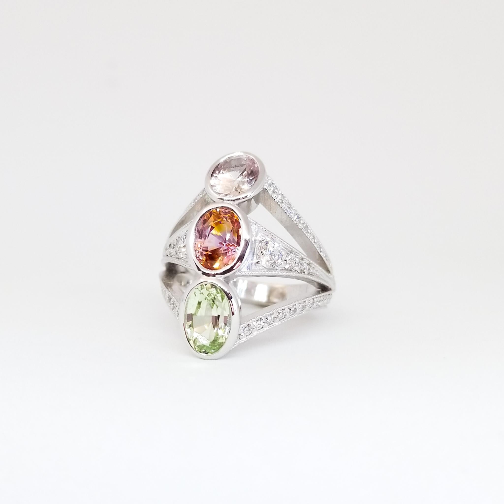 5,20 Karat Bicolor Rosa Pfirsich Fancy Saphir Chrysoberyll Weißer Diamant Ring 18KW im Angebot 9