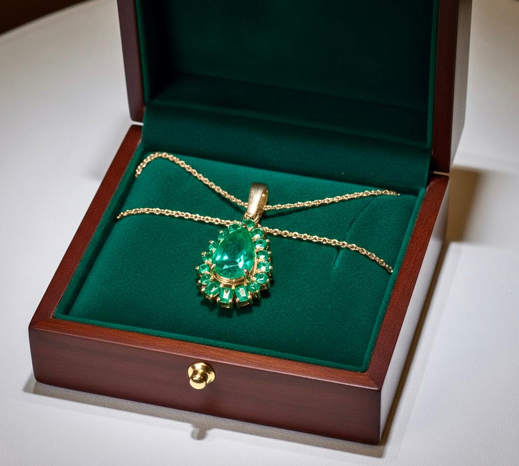 Halskette mit Anhänger, 5,20 Karat kolumbianischer Smaragd Solitär Tropfenanhänger 18K im Angebot 2