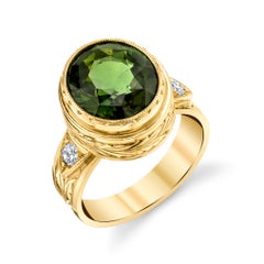 5.20 Carat Green Tourmaline Oval and Diamond Hand-Engraved Ring in Yellow Gold