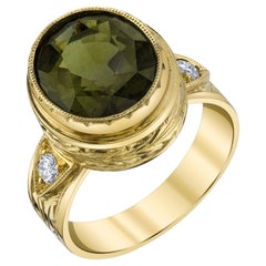 5.20 Carat Green Tourmaline Oval and Diamond Hand-Engraved Ring in Yellow Gold
