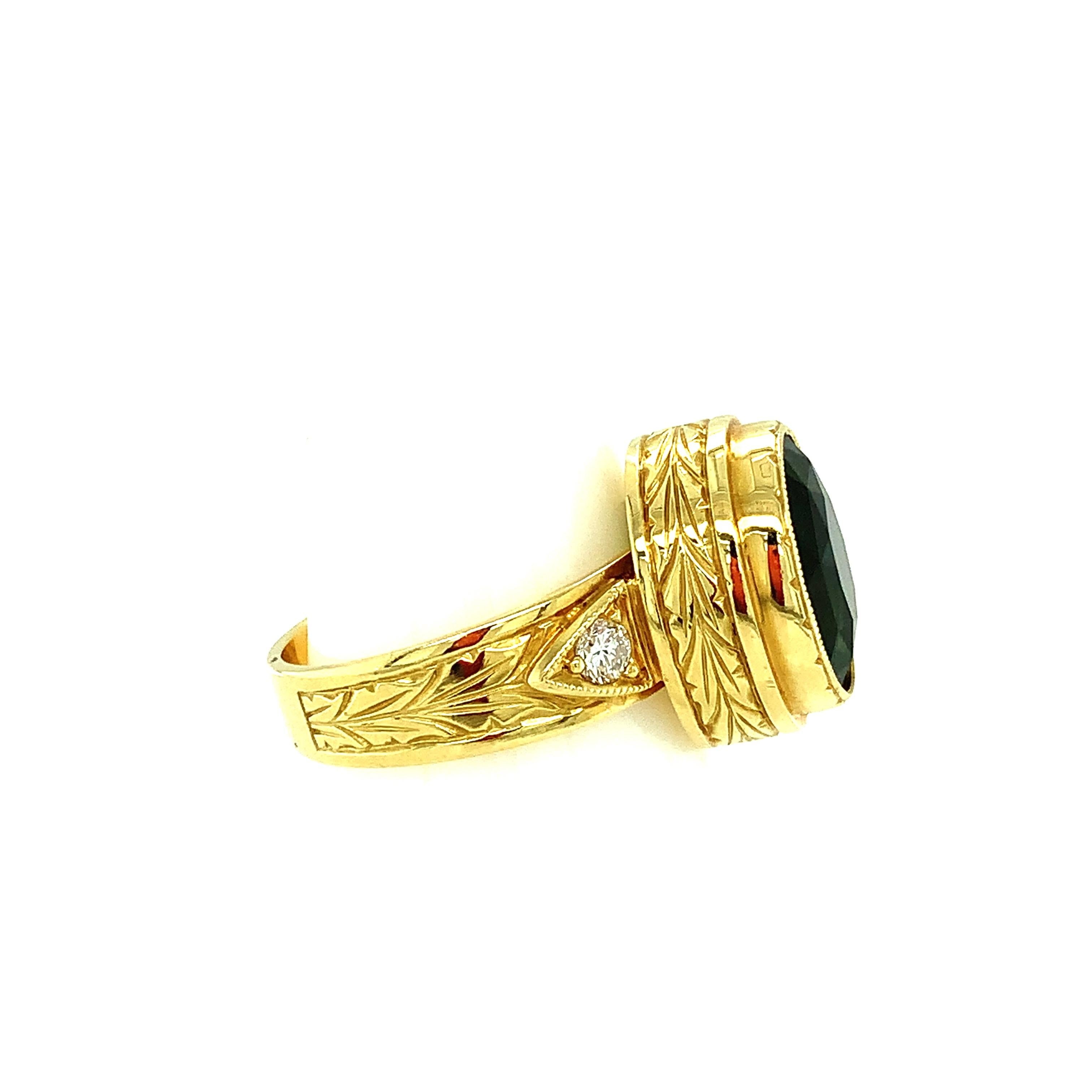 Artisan 5.20 Carat Green Tourmaline Oval and Diamond Hand-Engraved Ring in Yellow Gold For Sale