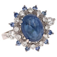 5.20 Carat Natural Cabochon Blue Sapphire Diamond White Gold Cocktail Ring