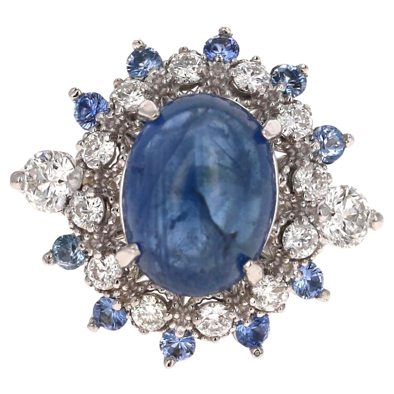 5.20 Carat Natural Cabochon Blue Sapphire Diamond White Gold Cocktail Ring en vente